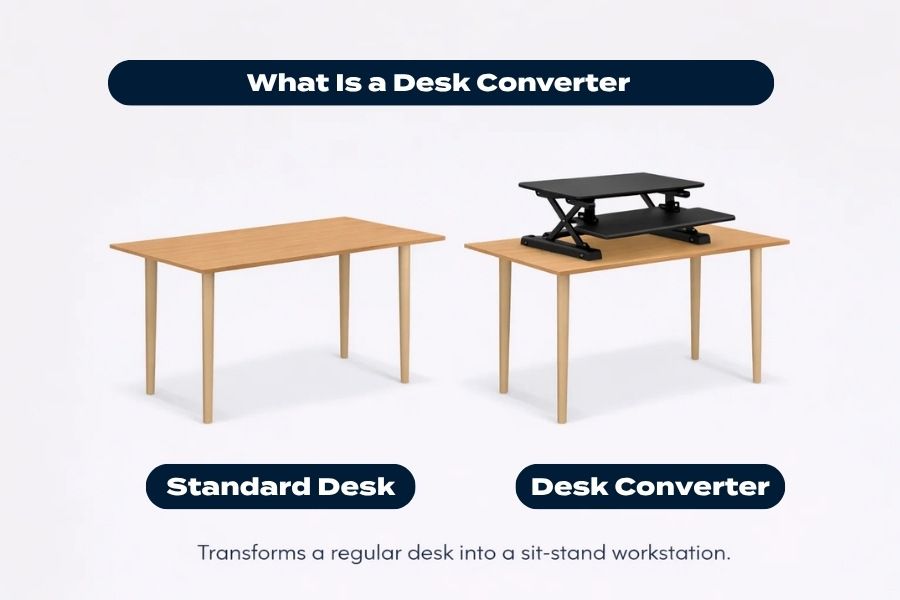 Infographic comparing a standard desk and a desk converter placed on top, showing how it creates a sit-stand workstation.