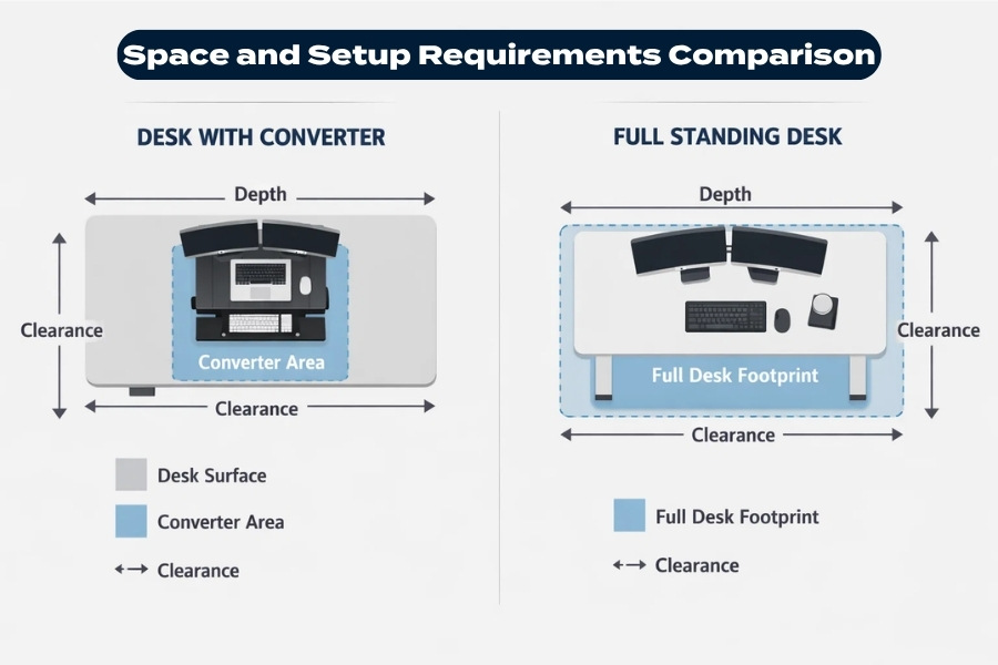 Infographic comparing desk space requirements for a desk converter and a full standing desk, showing depth, clearance, and footprint.