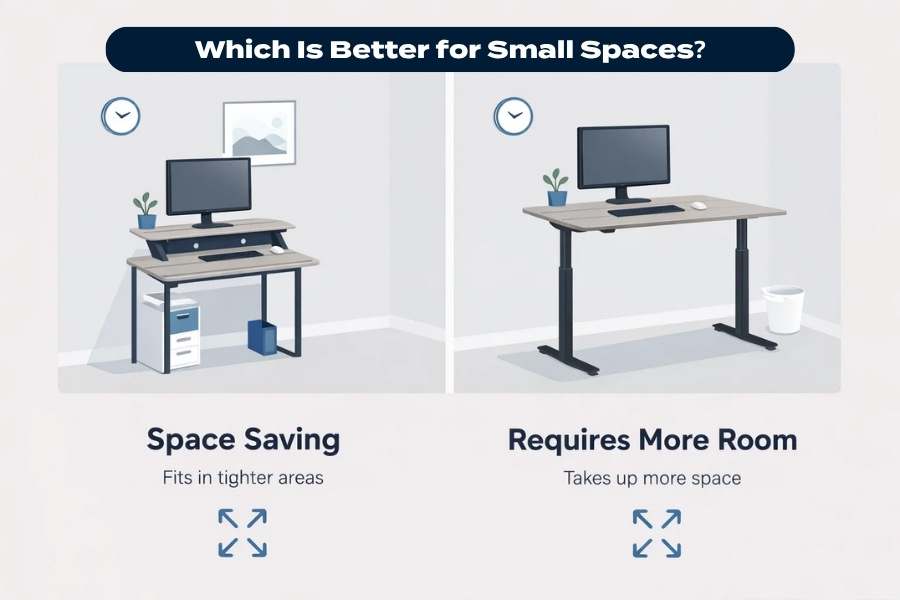 Infographic comparing desk converters and standing desks in small spaces, showing a space-saving setup versus a larger desk requiring more room.