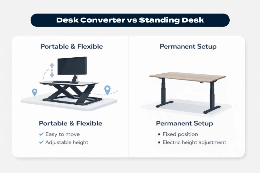 Infographic comparing a desk converter and a standing desk, highlighting portability, flexibility, and permanent setup differences.
