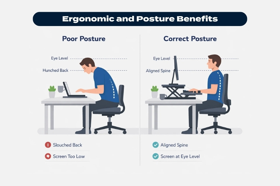 Infographic comparing poor and correct posture at a desk, showing the benefits of proper screen height and spine alignment.