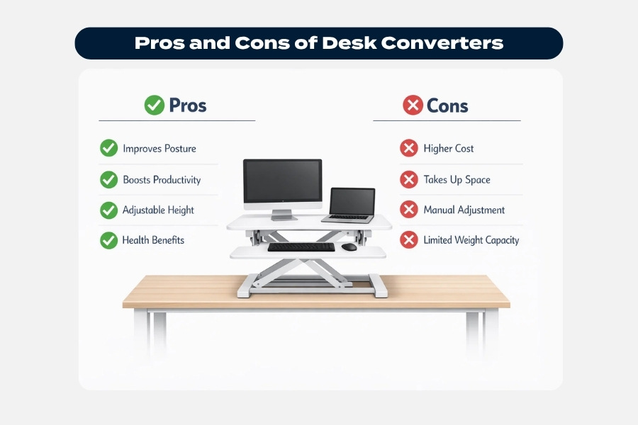 Infographic showing advantages and disadvantages of desk converters, including posture benefits, adjustability, space use, and limitations.