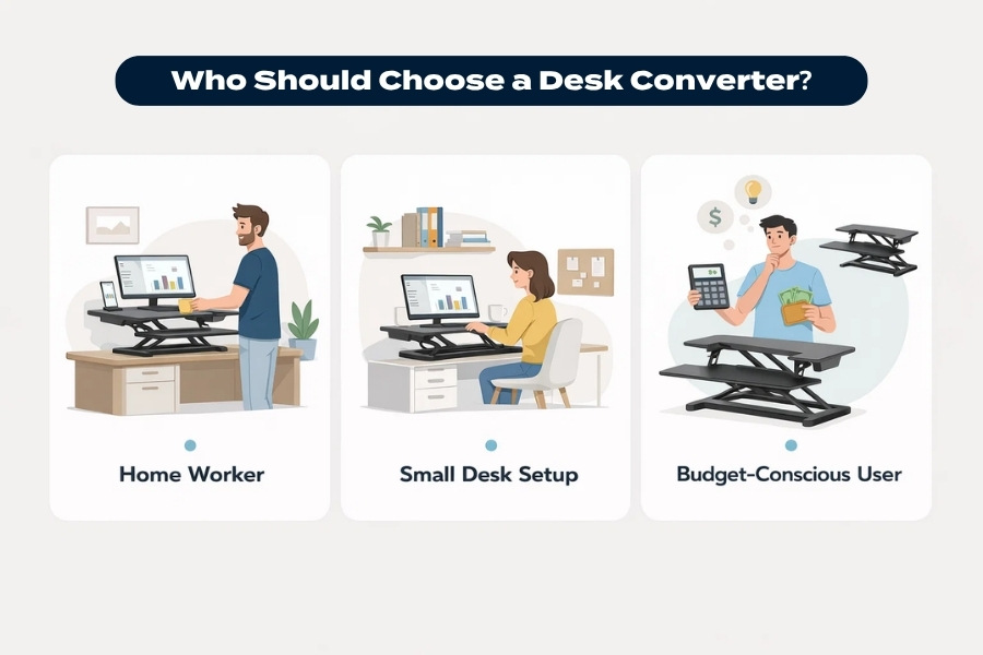 Infographic showing ideal users for a desk converter, including home workers, small desk setups, and budget-conscious users.