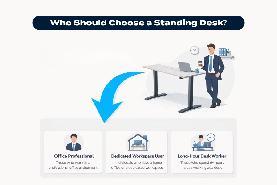 Infographic showing ideal users for a standing desk, including office professionals, dedicated workspace users, and long-hour desk workers.