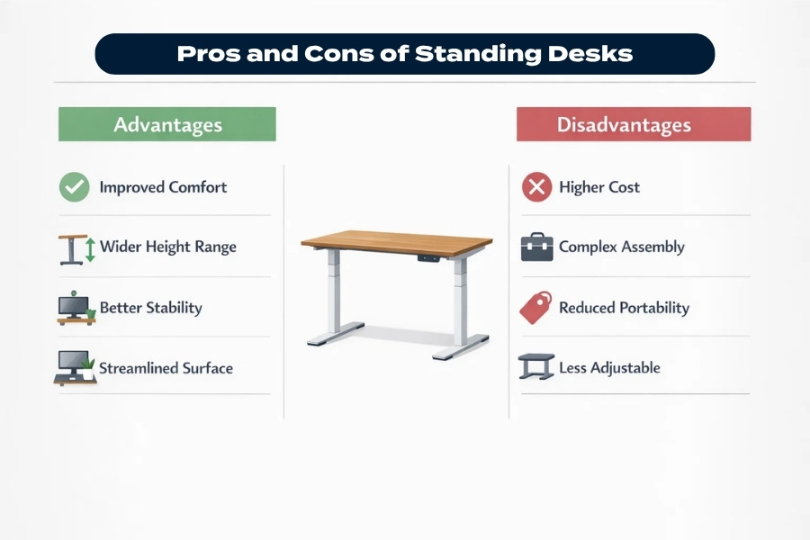 Infographic showing advantages and disadvantages of standing desks, including comfort, stability, cost, and assembly.