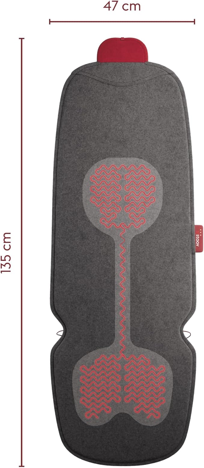 Big Hug³ Original Stoov heated seat cushion dimensions and internal heating element layout illustration