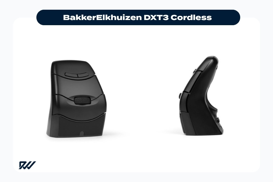 BakkerElkhuizen DXT3 Cordless ergonomic mouse shown from front and side views with compact ambidextrous design.
