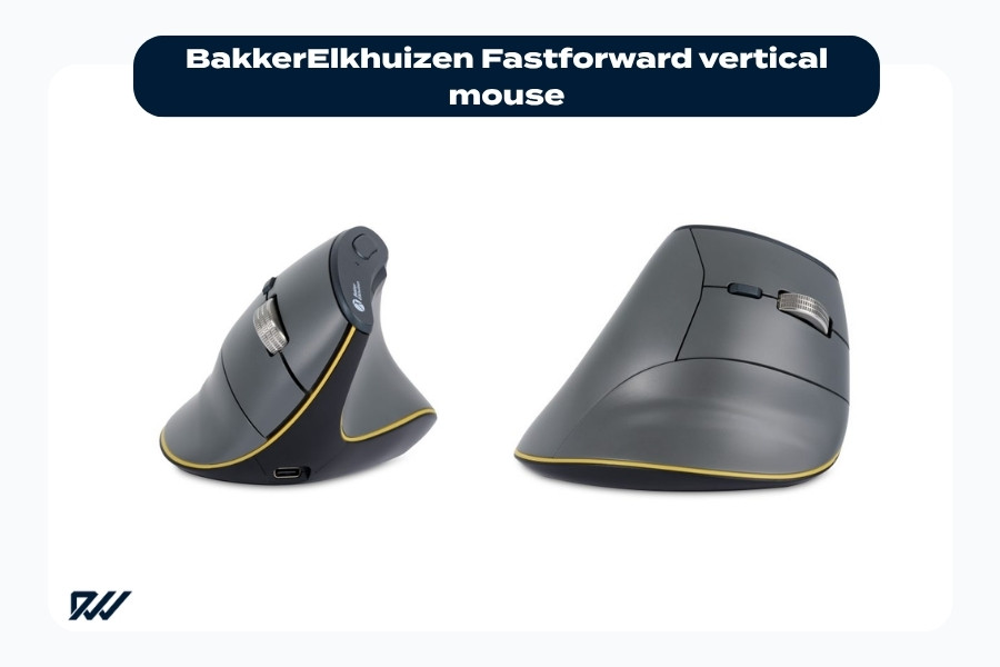BakkerElkhuizen Fastforward vertical ergonomic mouse shown from angled side and rear views.