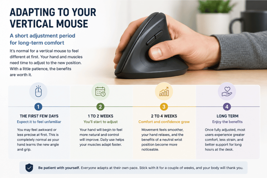 Infographic showing the adjustment period when switching to a vertical mouse, including stages from initial discomfort to long-term comfort and improved ergonomics.