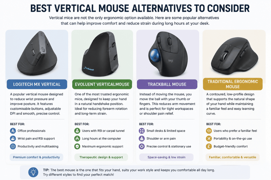 Comparison infographic showing popular ergonomic mouse alternatives including Logitech MX Vertical, Evoluent VerticalMouse, trackball mouse, and traditional ergonomic mouse.