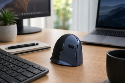 Ergonomic vertical mouse on a modern office desk beside a keyboard, laptop, and monitor.