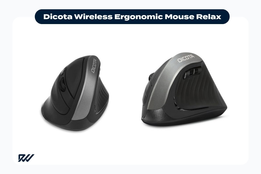 Dicota Wireless Ergonomic Mouse Relax vertical ergonomic mouse shown from angled front and side views.