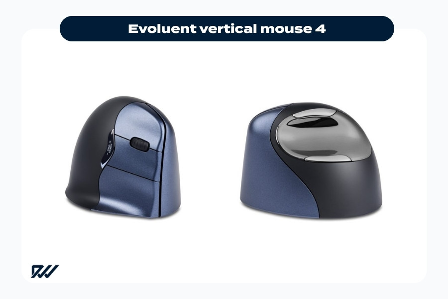 Evoluent Vertical Mouse 4 ergonomic vertical mouse shown from front and rear angled views.