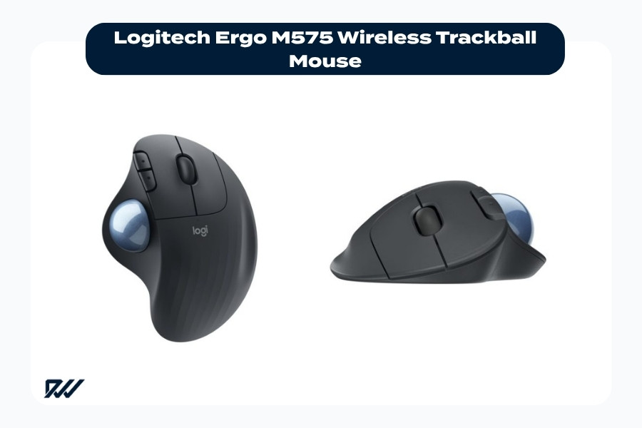 Logitech Ergo M575 Wireless Trackball Mouse shown from front and side angles with thumb-operated trackball design.