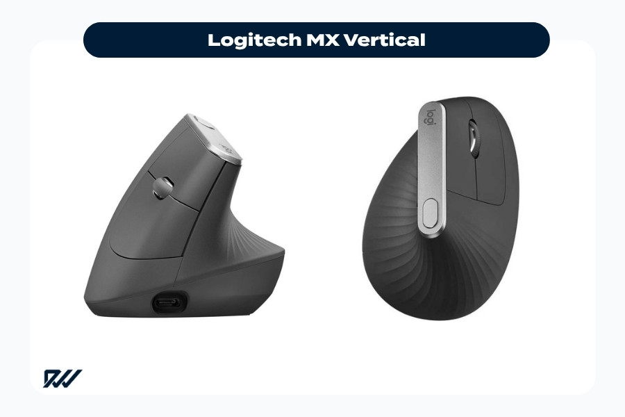 Logitech MX Vertical ergonomic mouse shown from side and front views with vertical handshake-style design.