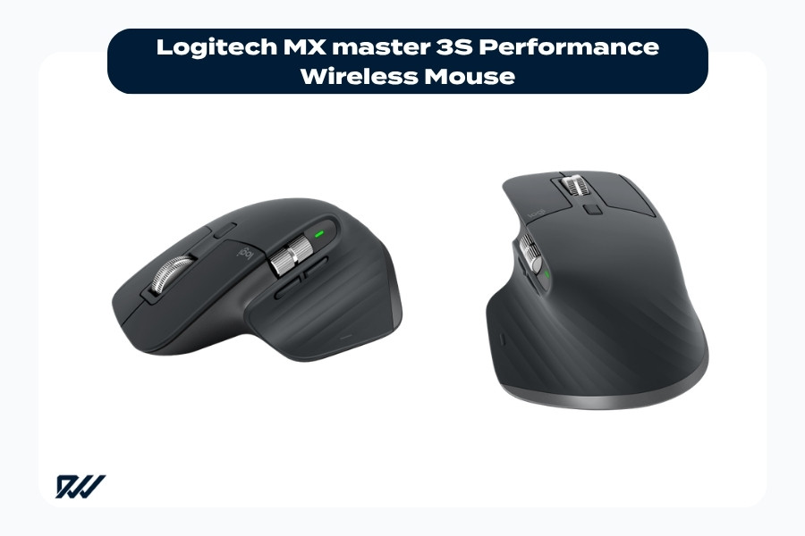 Logitech MX Master 3S performance wireless ergonomic mouse shown from angled front and side views.