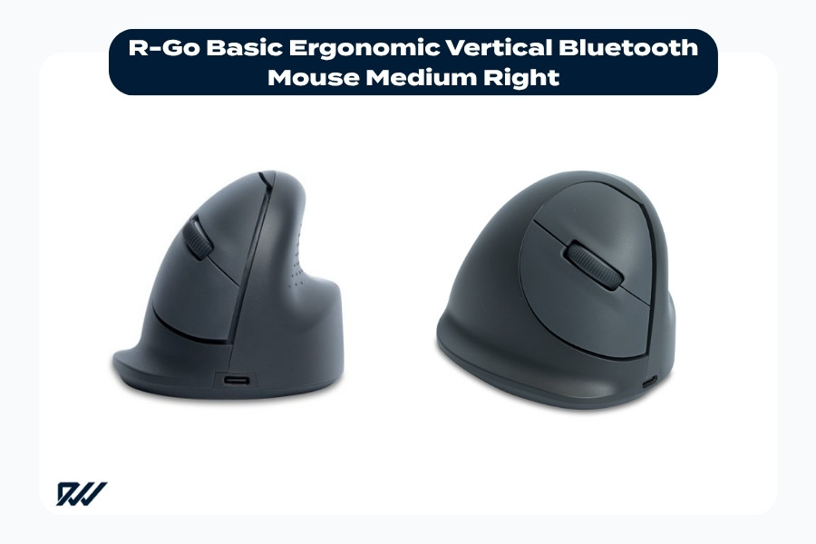 R-Go Basic Ergonomic Vertical Bluetooth Mouse Medium Right shown from side and front angles with vertical ergonomic design.
