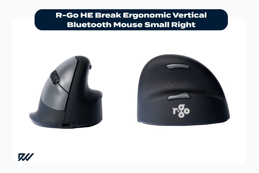 R-Go HE Break Ergonomic Vertical Bluetooth Mouse Small Right shown from side and rear views with compact vertical ergonomic design.