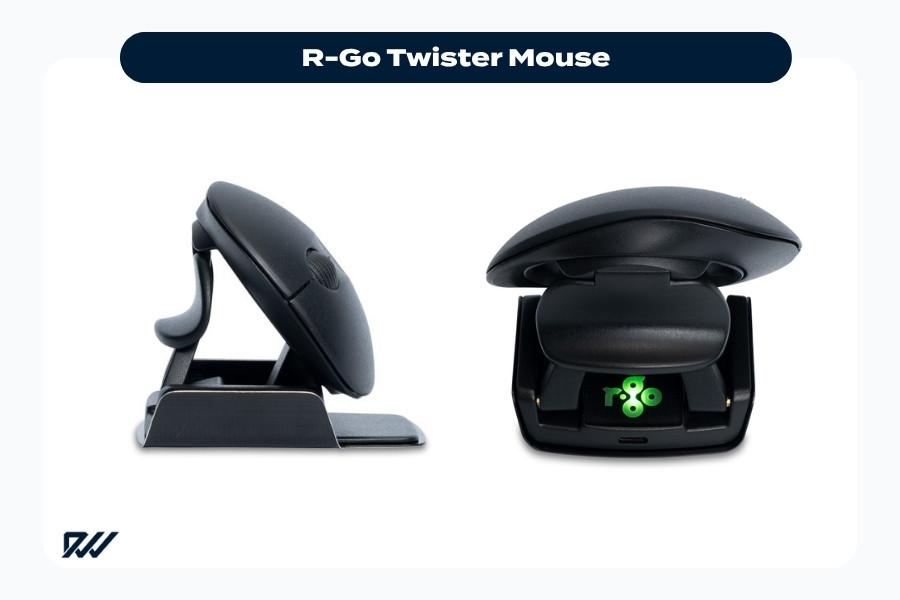 R-Go Twister Mouse ergonomic mouse with adjustable rotating design shown from side and front angles.