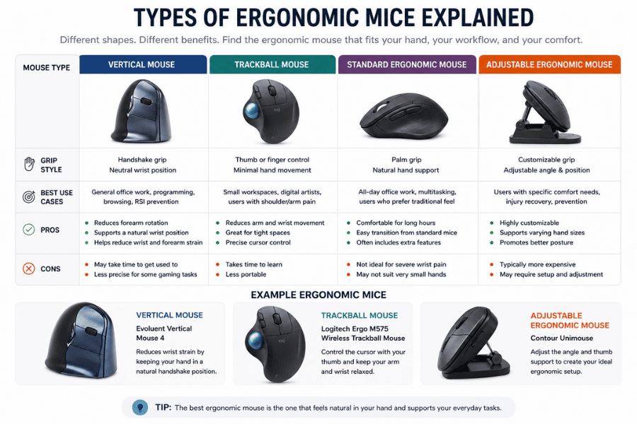 Types of ergonomic mice explained infographic comparing vertical, trackball, standard ergonomic, and adjustable ergonomic mouse designs with grip styles, benefits, and best use cases.