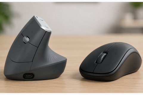 Vertical Mouse vs Regular Mouse comparison showing a vertical ergonomic mouse and a traditional wireless mouse side by side on a desk.