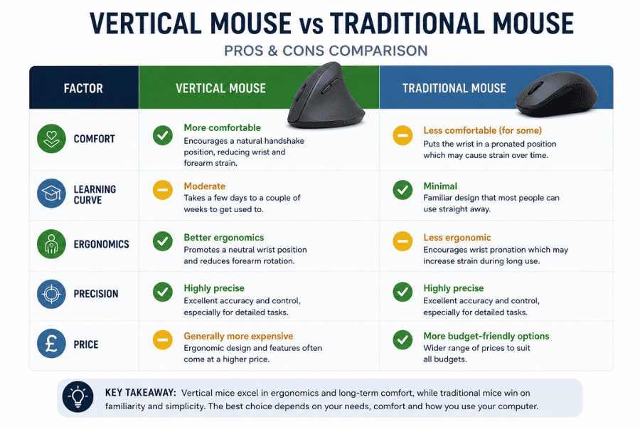 Infographic comparing vertical mice and traditional mice across comfort, ergonomics, precision, learning curve, and price for everyday computer use.