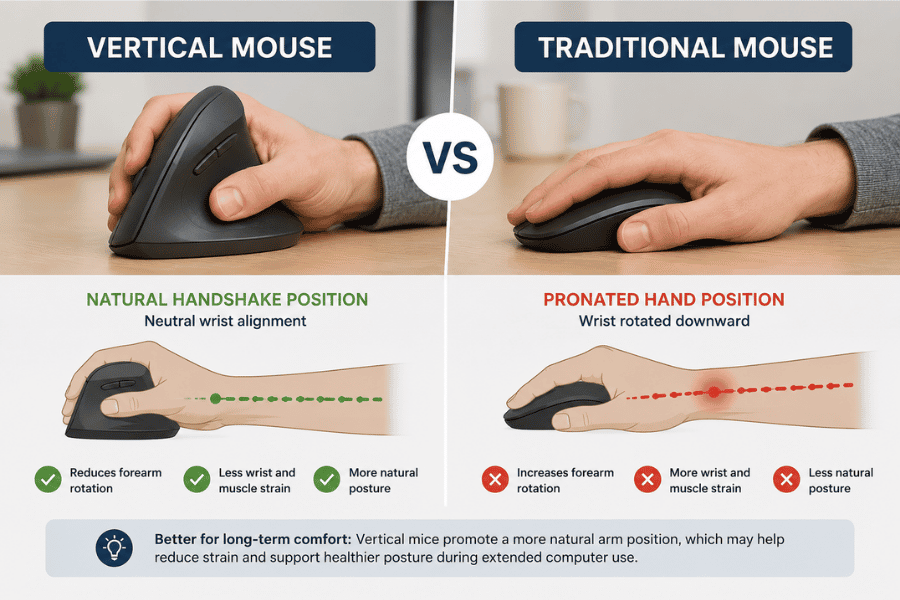 Side-by-side comparison of a vertical mouse and traditional mouse showing differences in hand positioning, wrist alignment, and ergonomic comfort.