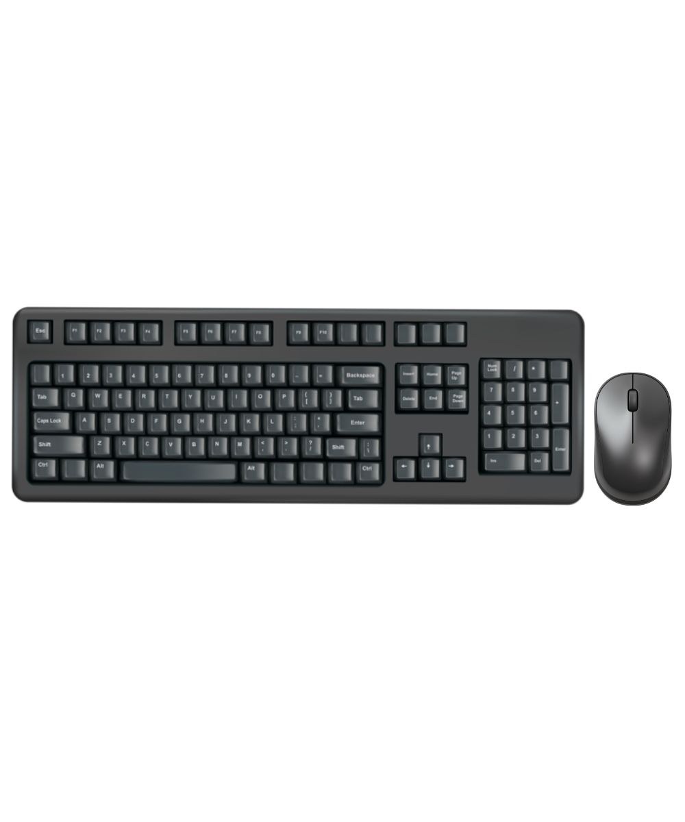 Wireless Keyboard/Mouse Combo in black with full size keyboard, number pad and matching wireless mouse.