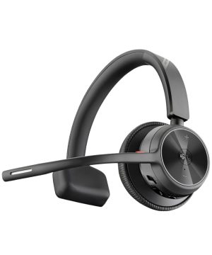 POLYVoyager 4310 UC Mono Headset, BT700 Adapter, Stand angled close up showing microphone, controls and cushioned ear pad.