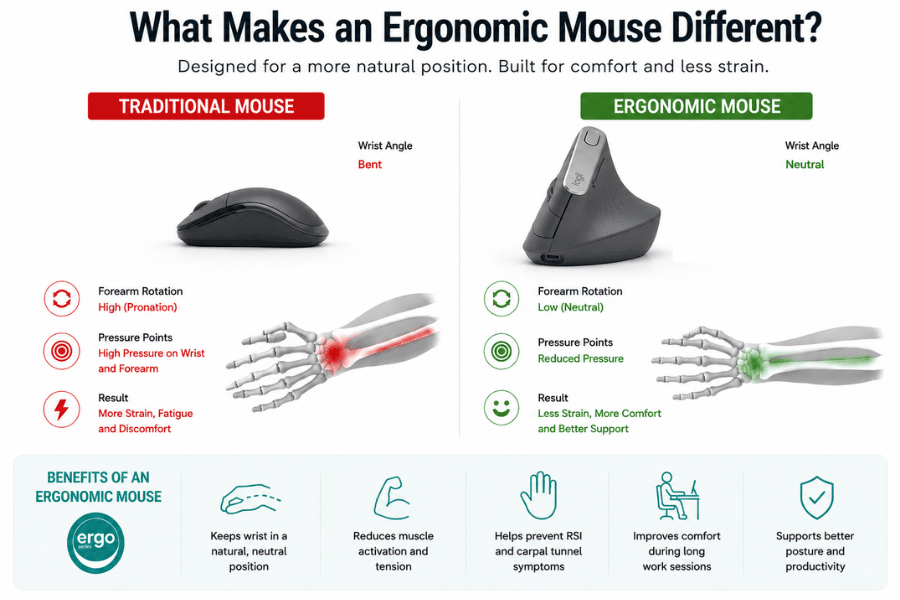 Infographic comparing a traditional mouse and ergonomic mouse, showing differences in wrist angle, forearm rotation, pressure points, and ergonomic benefits.