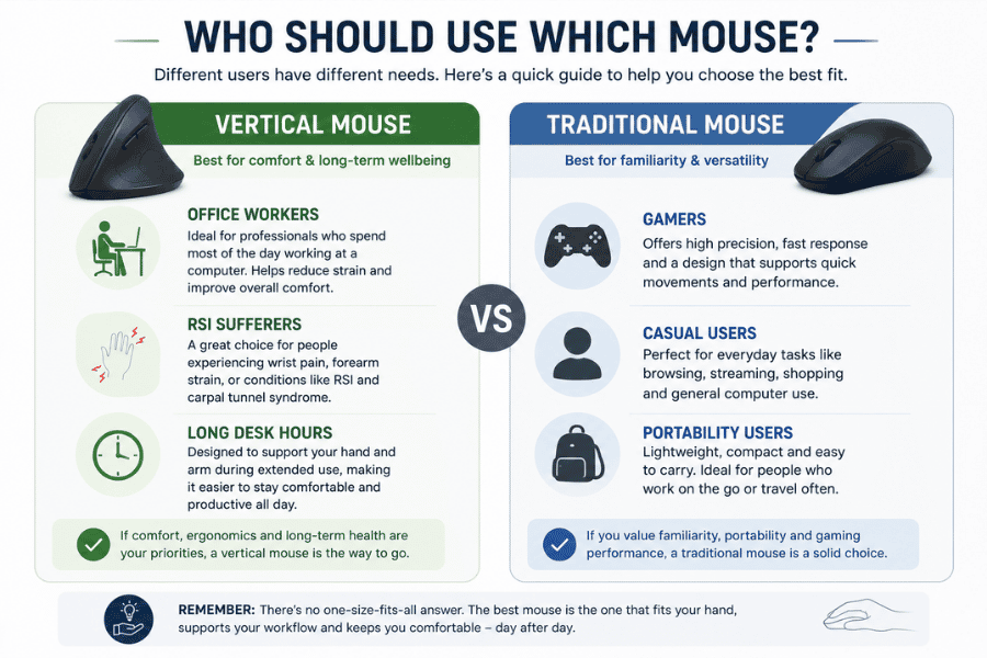 Infographic comparing who should use a vertical mouse versus a traditional mouse, including office workers, RSI sufferers, gamers, casual users, and portability users.