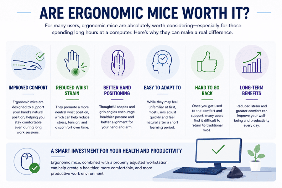 Are ergonomic mice worth it infographic highlighting benefits including improved comfort, reduced wrist strain, better hand positioning, and long-term productivity support.