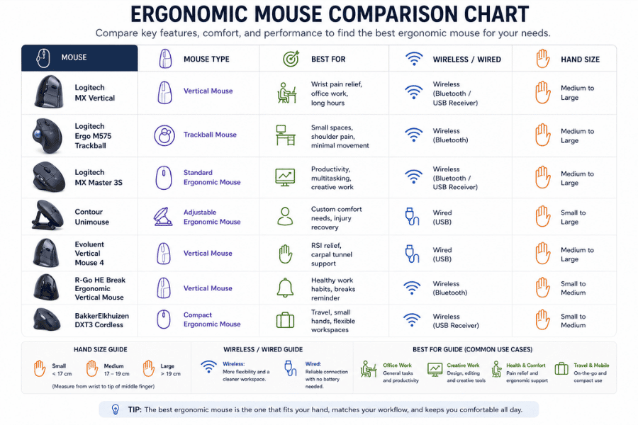 Ergonomic mouse comparison infographic showing vertical, trackball, and ergonomic mouse types with connectivity, comfort features, and recommended hand sizes.