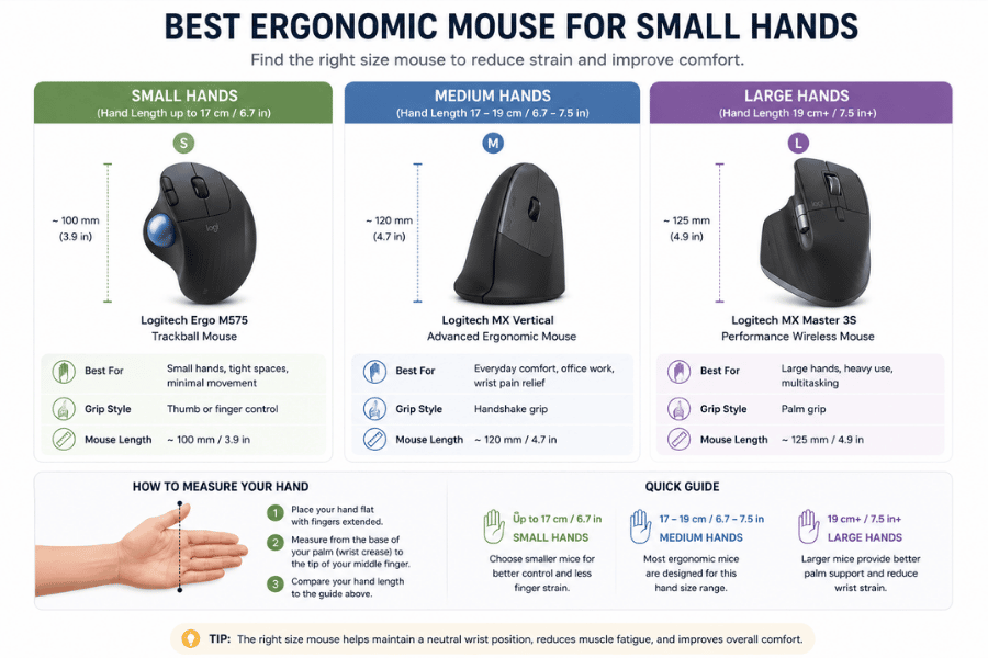 Best ergonomic mouse for small hands infographic comparing ergonomic mice for small, medium, and large hand sizes with sizing guides and grip recommendations.
