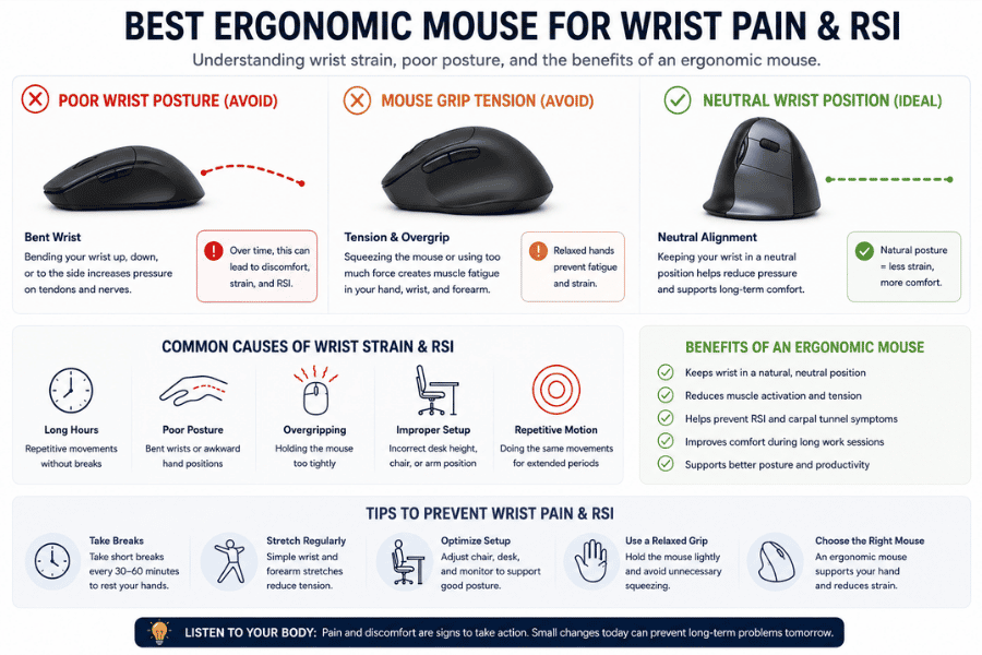 Best ergonomic mouse for wrist pain and RSI infographic showing poor wrist posture, grip tension, and the benefits of a neutral wrist position with ergonomic mice.