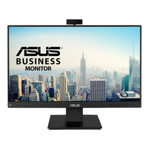 ASUS BE24EQK Business Monitor front view with integrated webcam, slim black bezel, desktop stand and business monitor branding displayed on screen.