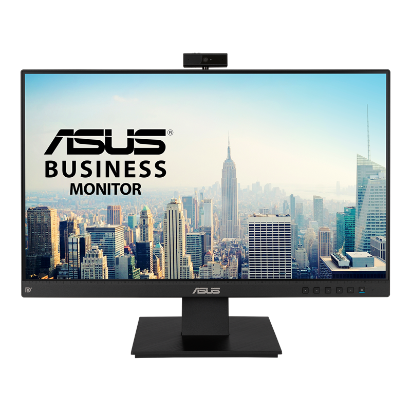 ASUS BE24EQK Business Monitor front view with integrated webcam, slim black bezel, desktop stand and business monitor branding displayed on screen.
