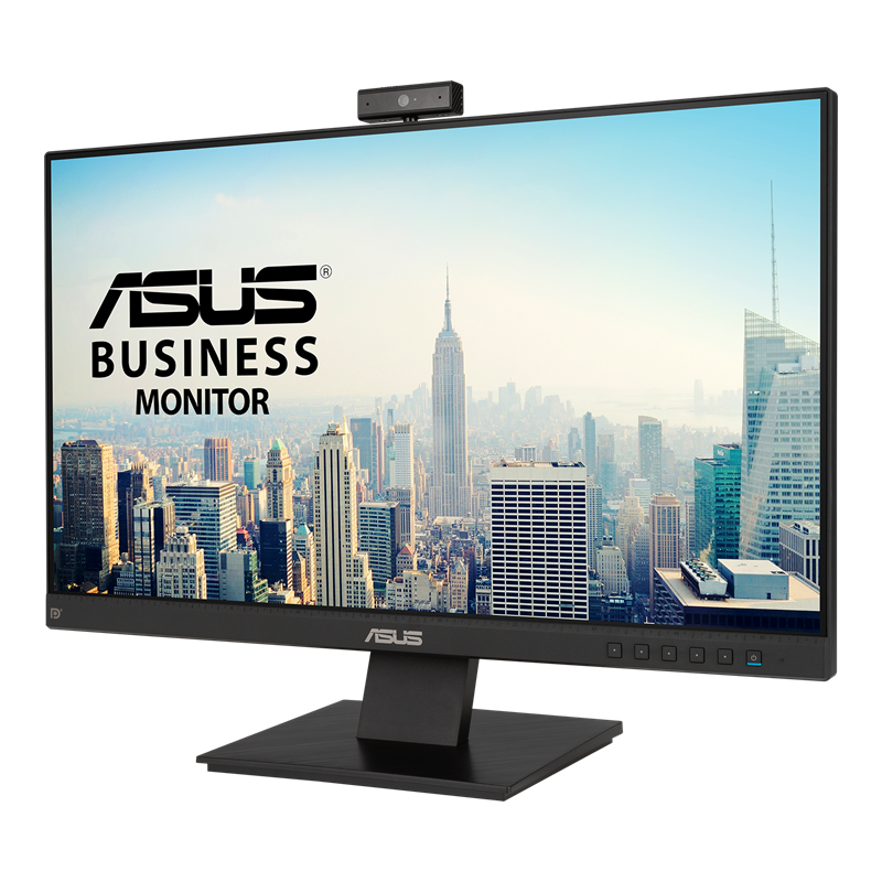 ASUS BE24EQK Business Monitor angled front view showing the integrated webcam, slim display, control buttons and desktop stand.