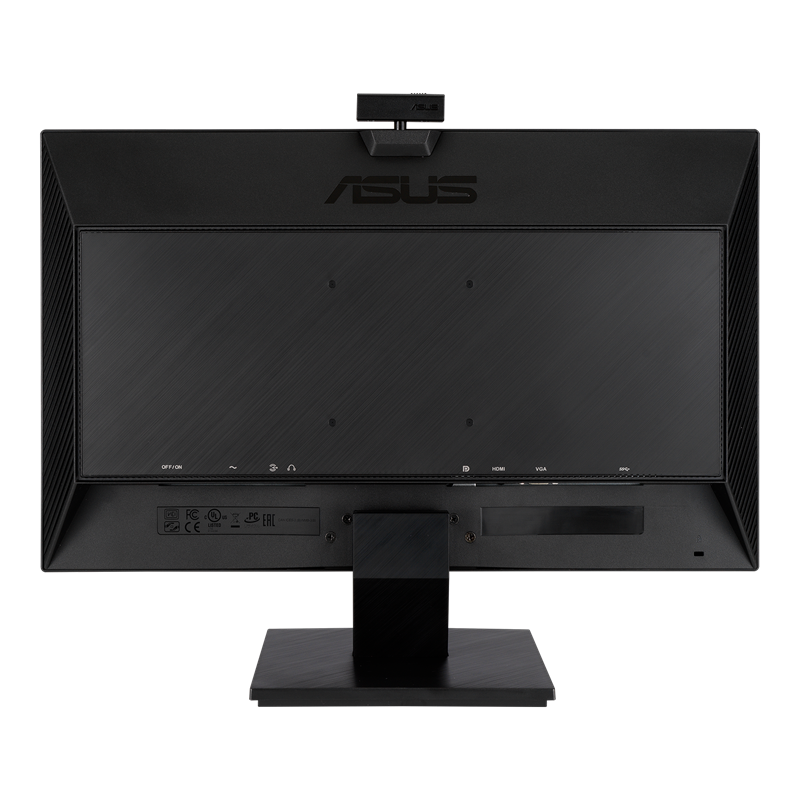 ASUS BE24EQK Business Monitor rear view showing the integrated webcam, stand, connection ports and VESA mounting points.