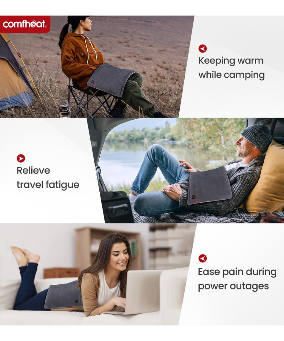 Comfheat Rechargeable Heating Pad shown being used while camping, travelling and relaxing at home with a laptop. 1