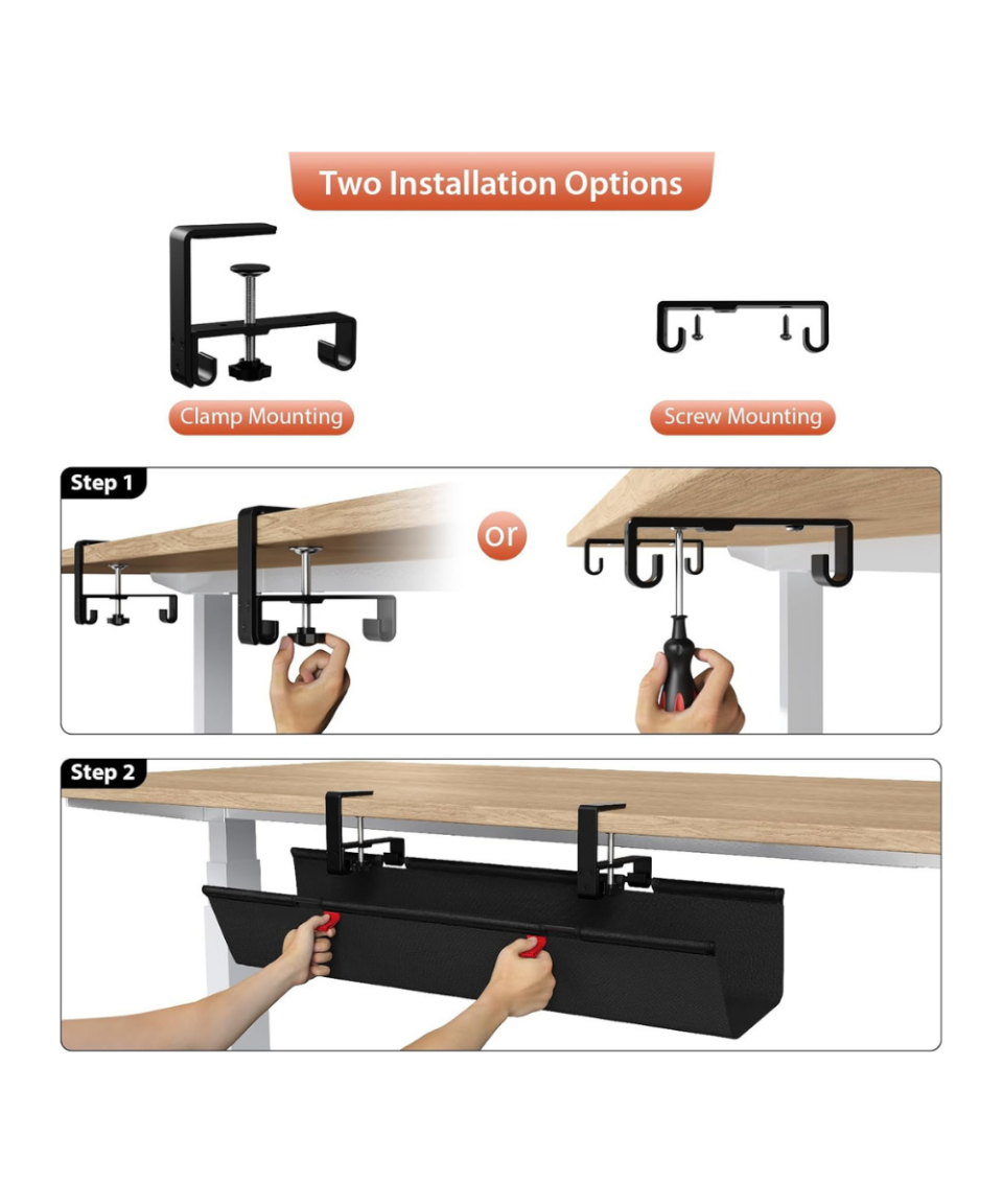 Univivi Under Desk Cable Management Tray installation guide showing clamp and screw mounting options beneath a desk.