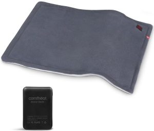 Comfheat Rechargeable Heating Pad in grey displayed with its included black 5000mAh portable power bank.