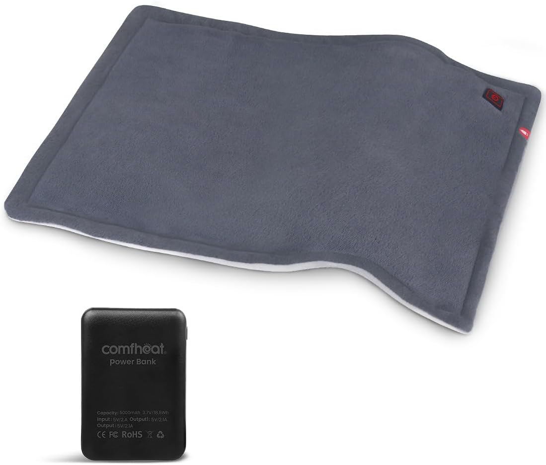 Comfheat Rechargeable Heating Pad in grey displayed with its included black 5000mAh portable power bank.