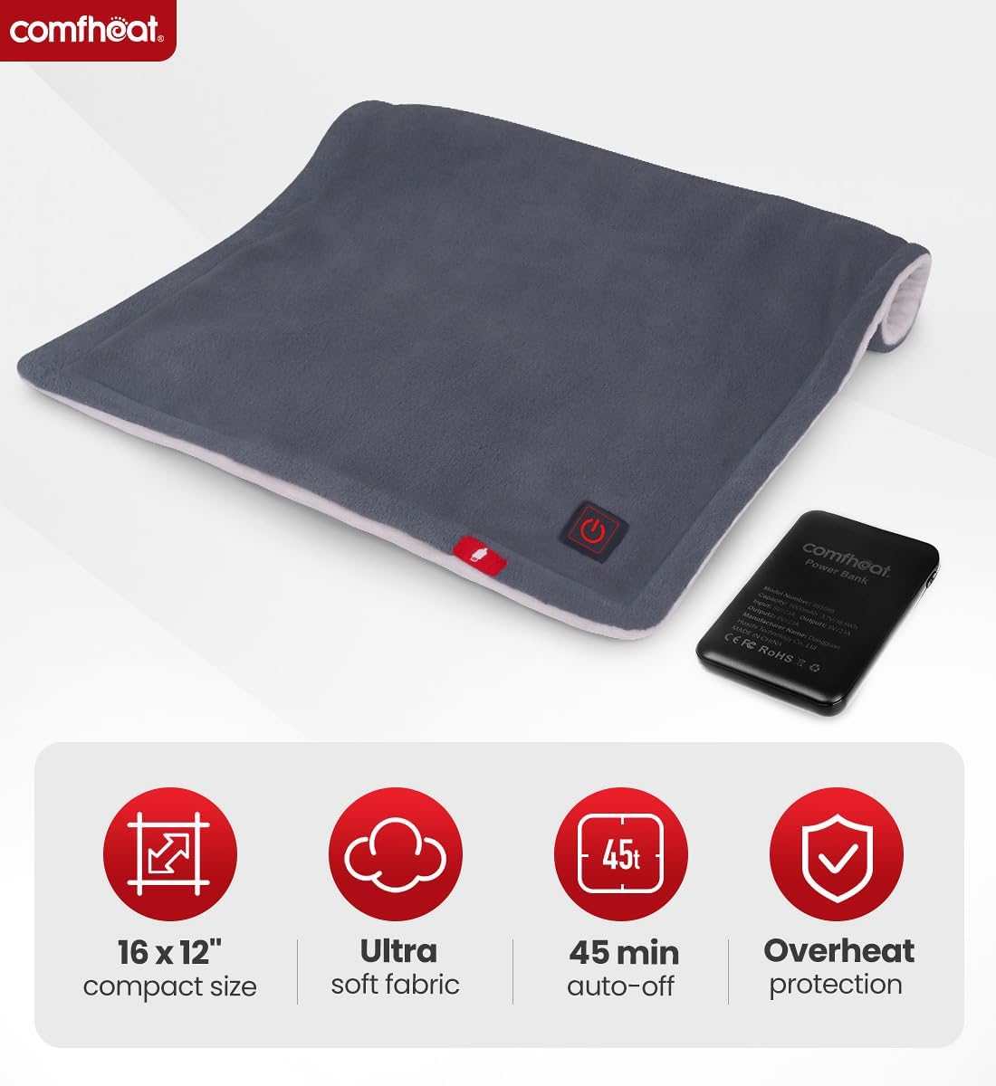 Comfheat Rechargeable Heating Pad in grey with portable power bank, soft fabric, 45-minute auto-off and overheat protection.