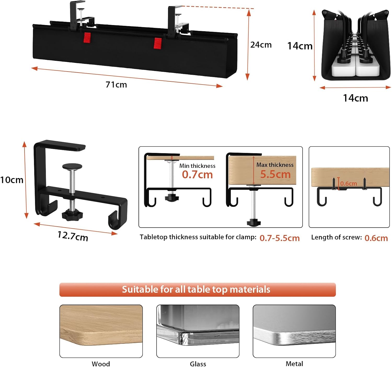 Univivi Under Desk Cable Management Tray dimensions and mounting specifications for different desktop materials and thicknesses.