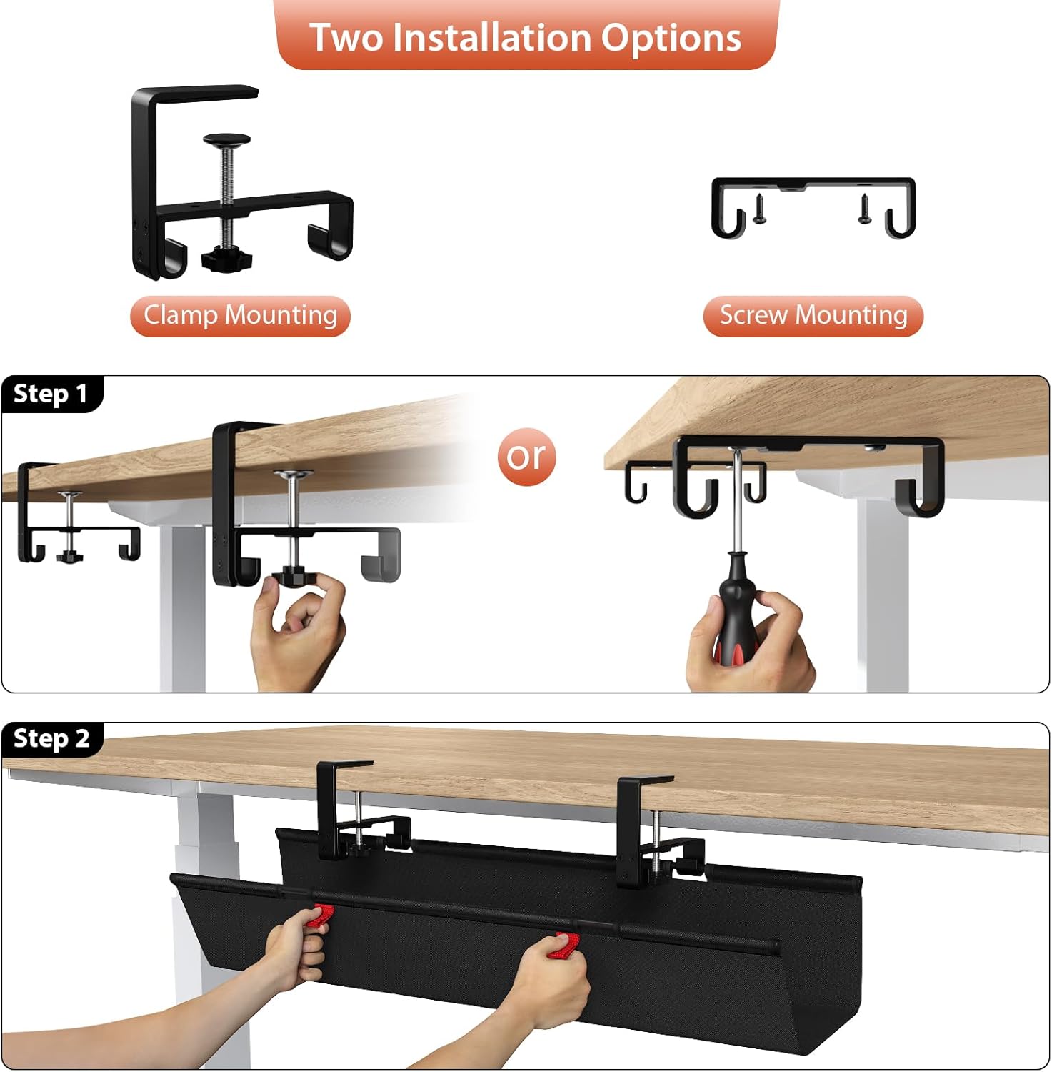 Univivi Under Desk Cable Management Tray installation guide showing clamp mounting and screw mounting options beneath a desk.