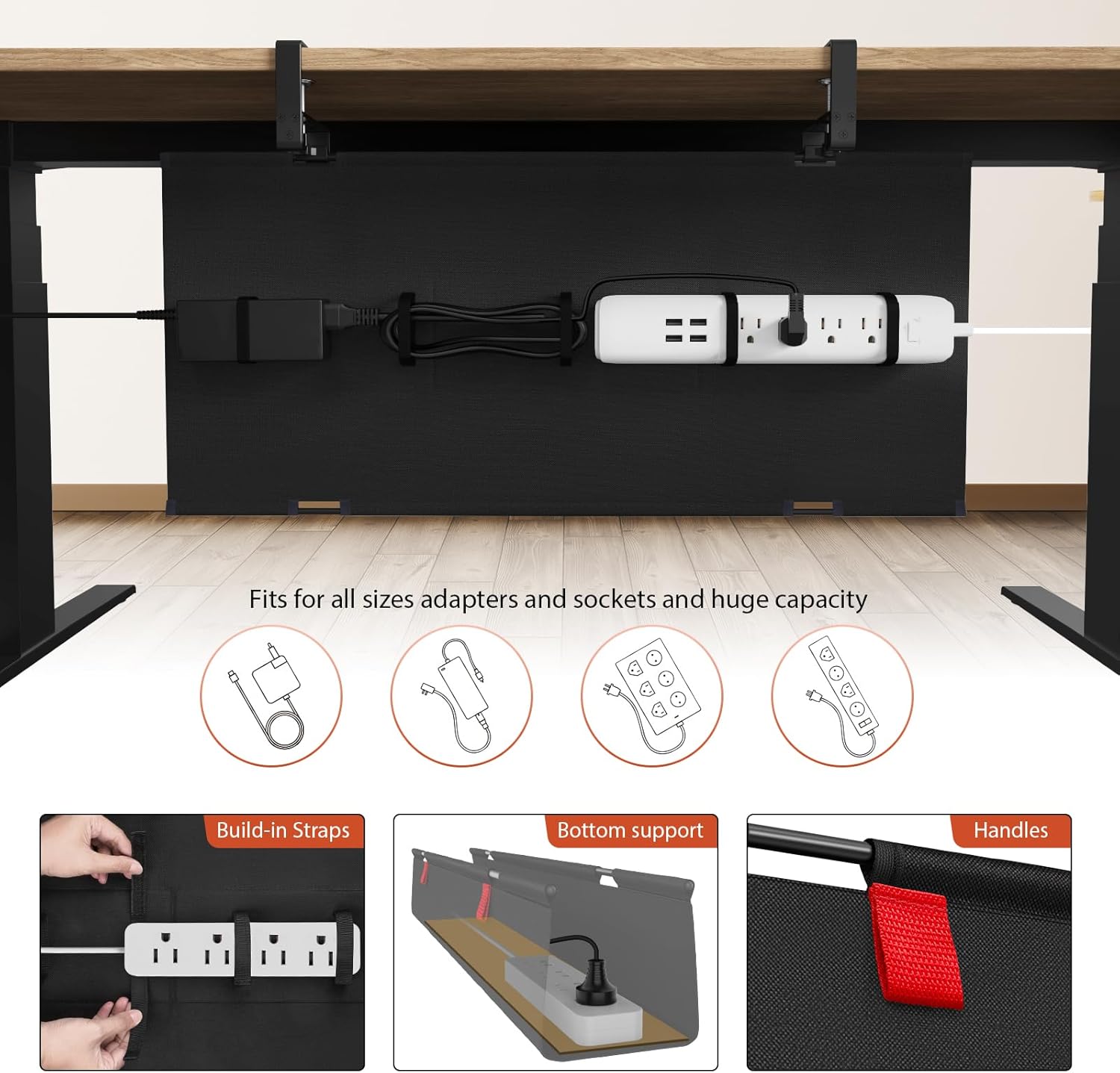 Univivi Under Desk Cable Management Tray holding power adapters, cables and extension sockets beneath a desk.