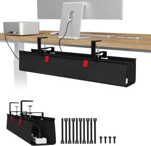 Univivi Under Desk Cable Management Tray installed beneath a workstation with mounting clamps, cable ties and screws shown.