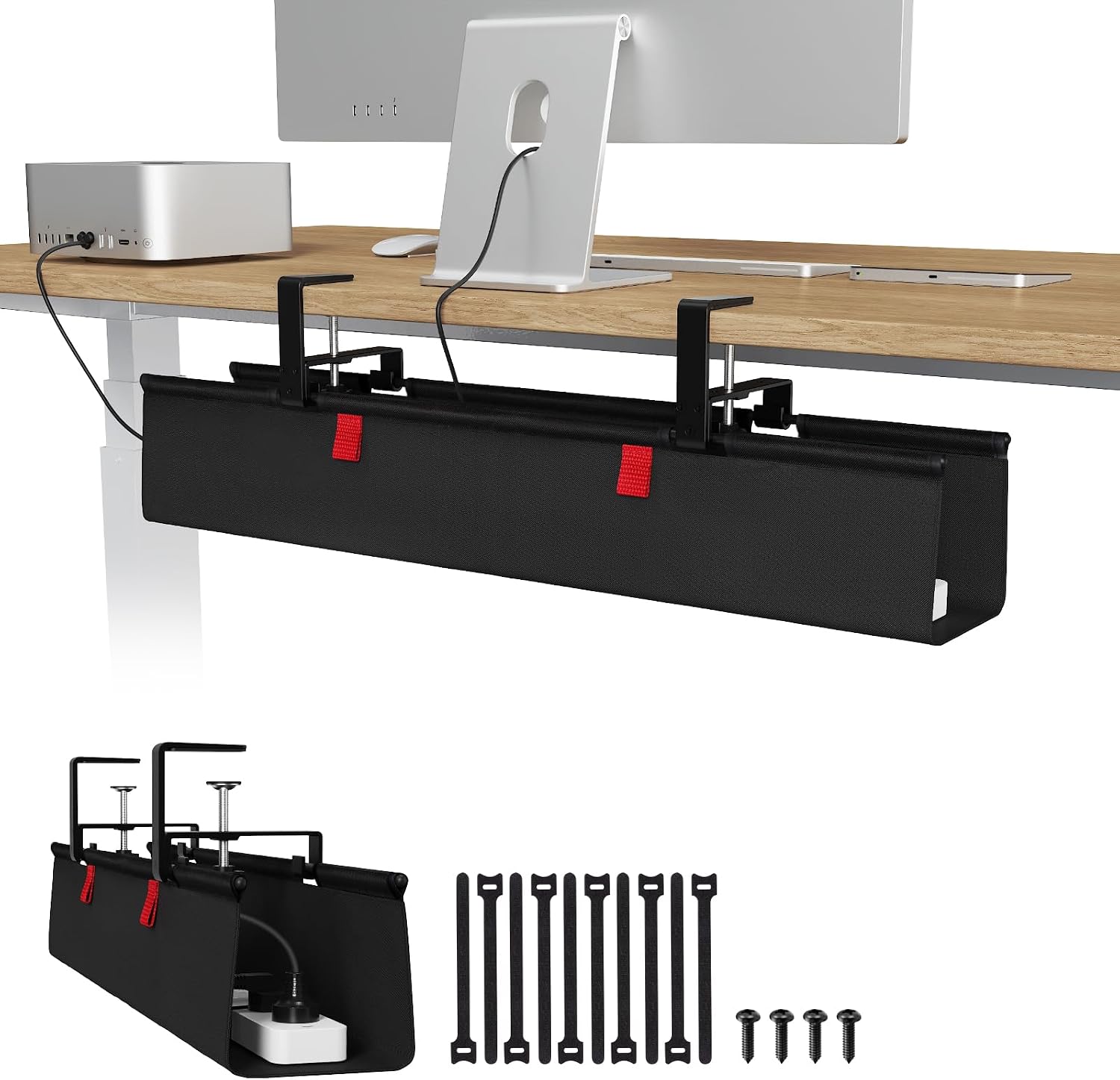 Univivi Under Desk Cable Management Tray installed beneath a workstation with mounting clamps, cable ties and screws shown.