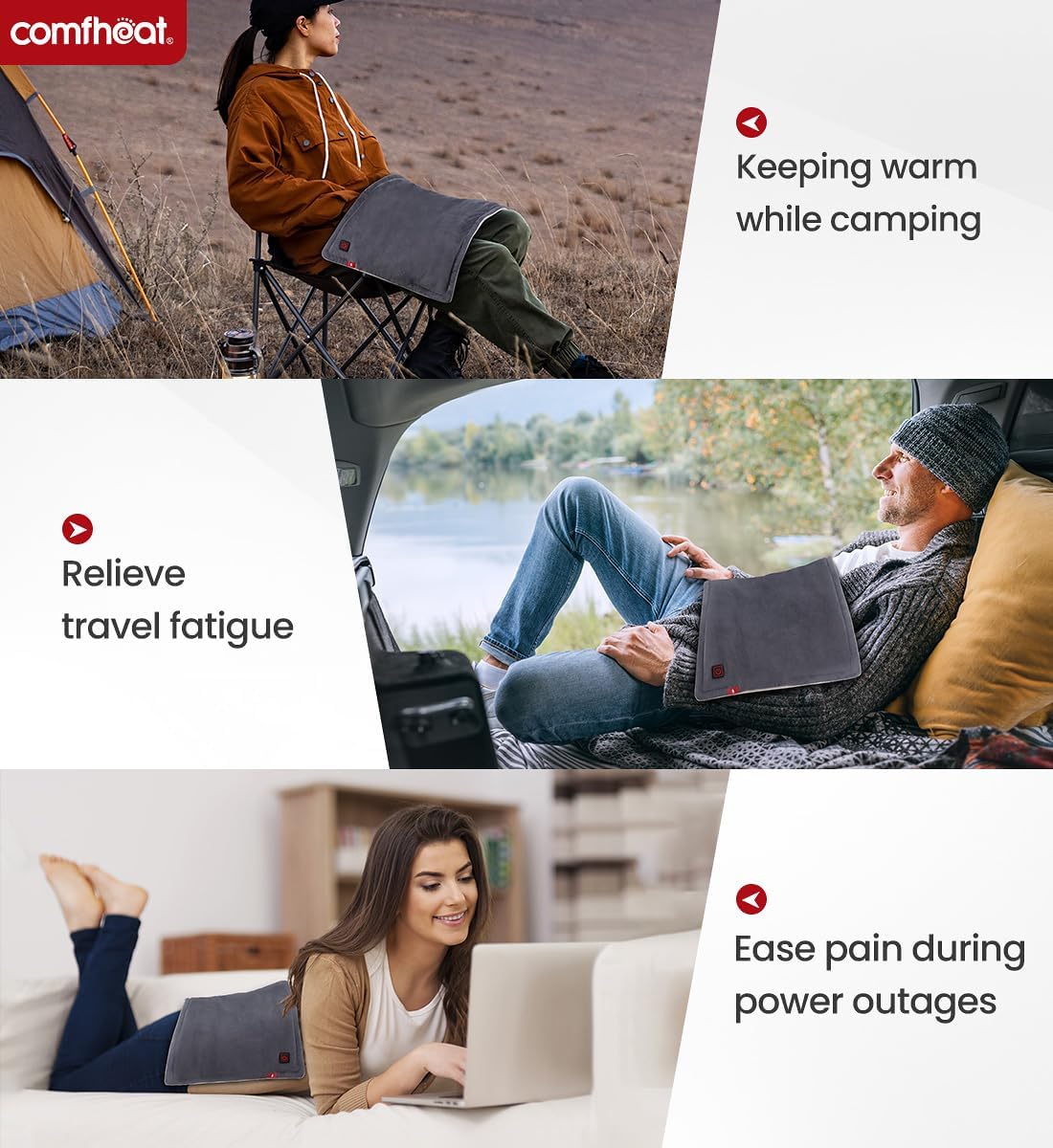 Comfheat Rechargeable Heating Pad shown being used while camping, travelling and relaxing at home with a laptop.